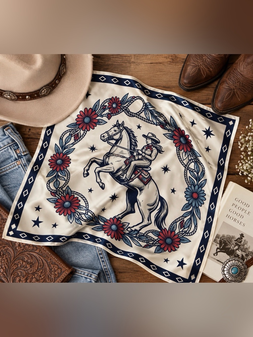 Western Cowgirl Horse Floral Wild Rag Scarf Bandana 28x28 NEW